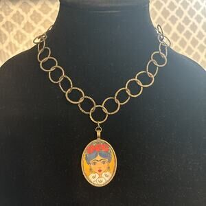 OOAK Bronze Tone Frida Kahlo Portrait Pendant Necklace Yellow Red Choker New